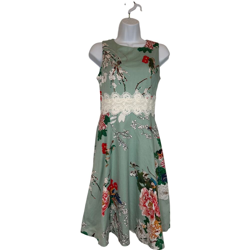 Homeyee Mint Green Floral A Line Sleeveless Dress Size 4 Small Lace Detail
